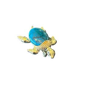 Vintage Signed Gerry's Turtle Brooch Gold Tone Turquoise Cabochon